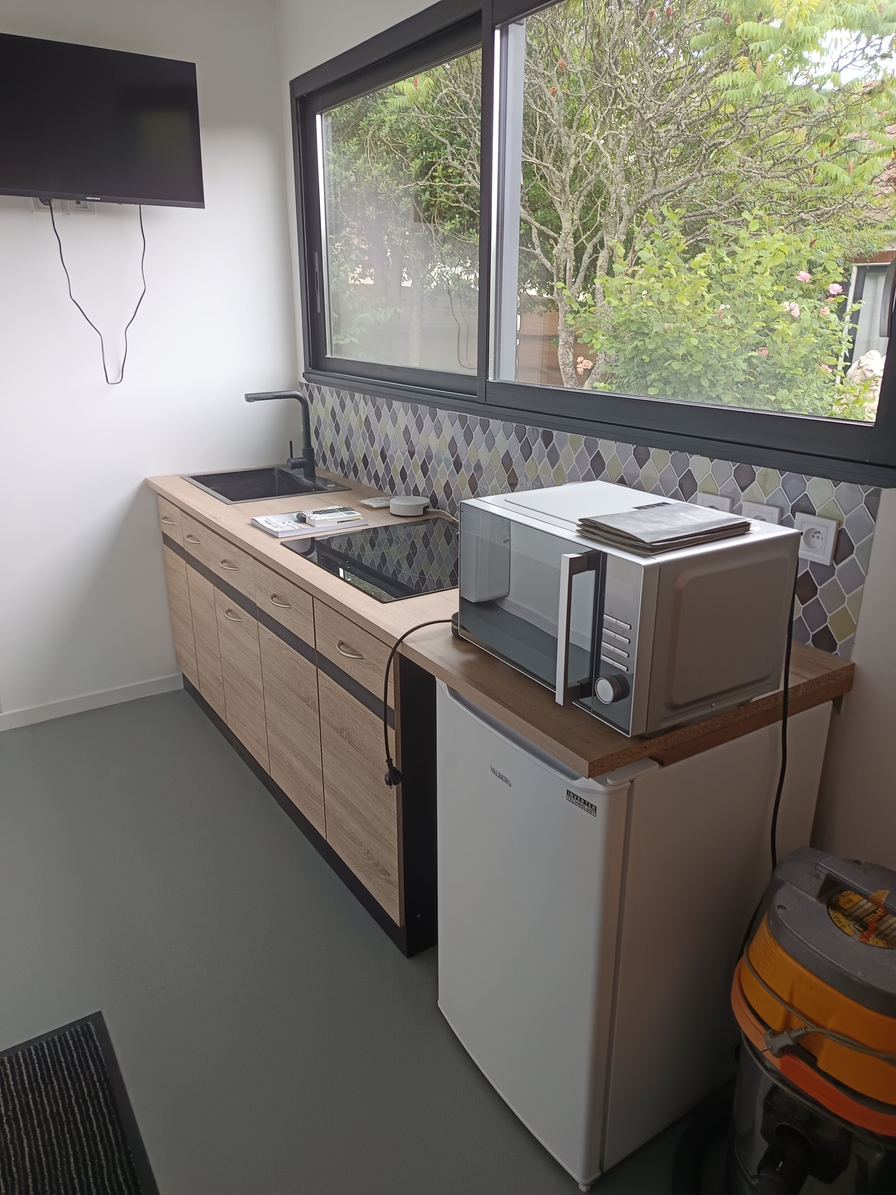 A compact kitchen with a built-in microwave, a sink, and a compact refrigerator.