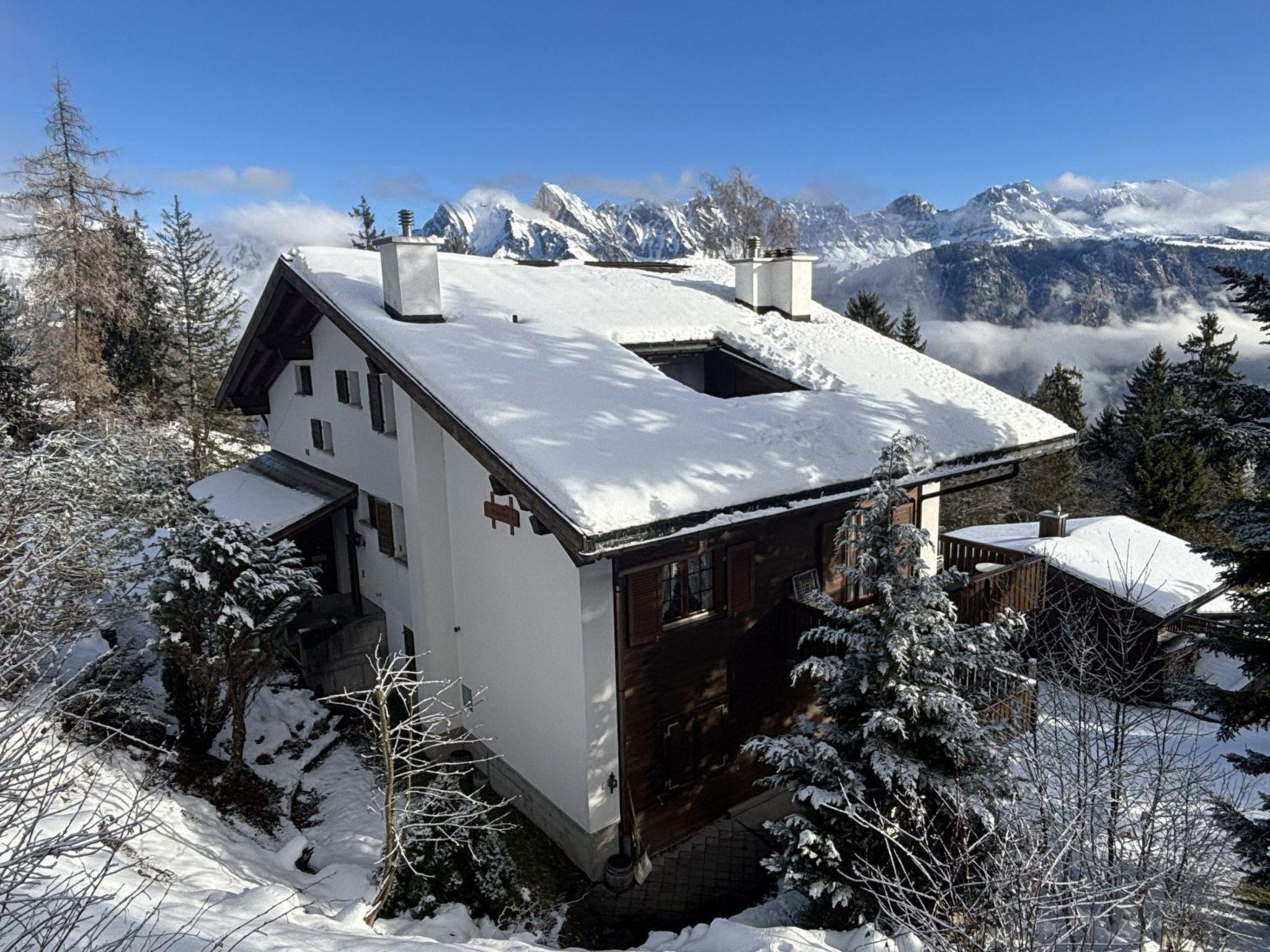 A chalet with a sloped roof, surrounded by snow-covered trees and mountains in the background.