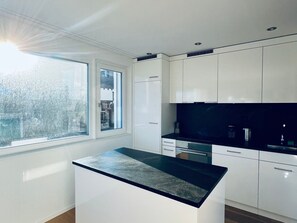A modern kitchen with white cabinets, a black countertop, and a window providing a view of the outside.