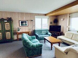 A living room with a green sofa, a beige sofa, a wooden coffee table, and a television.