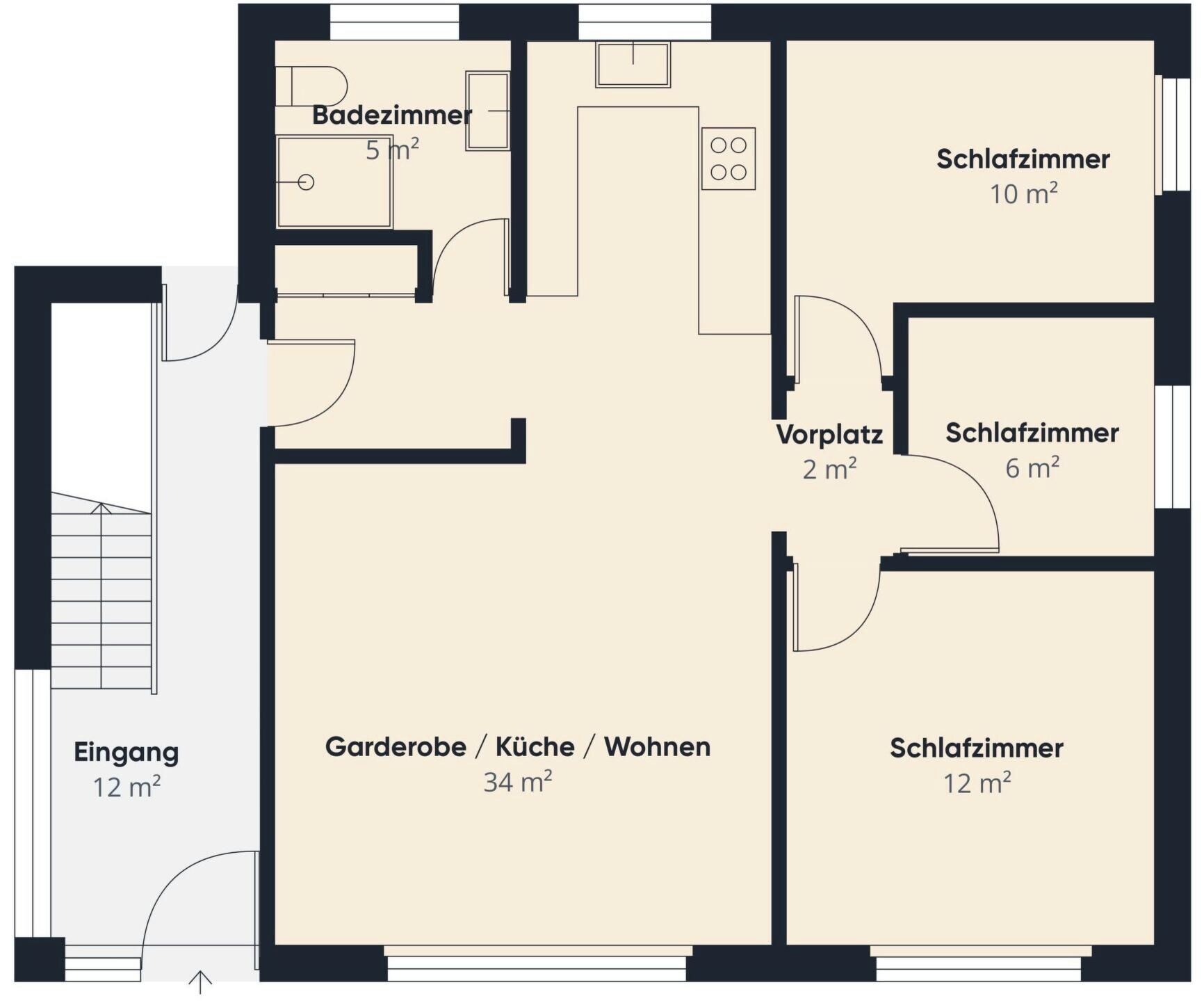 Plano de planta con un baño de 5 m², un dormitorio de 10 m², un salón de 2 m², otro dormitorio de 6 m², una entrada de 12 m², una cocina-comedor-aseo de 34 m² y un dormitorio de 12 m².