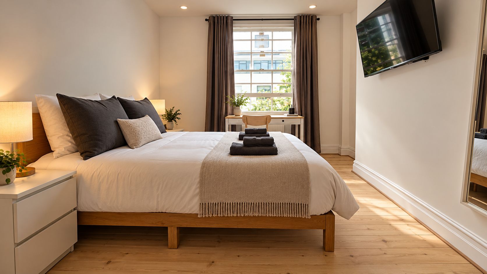 A modern bedroom with a wooden bed, bedside tables, a TV mounted on the wall, and a window with curtains.