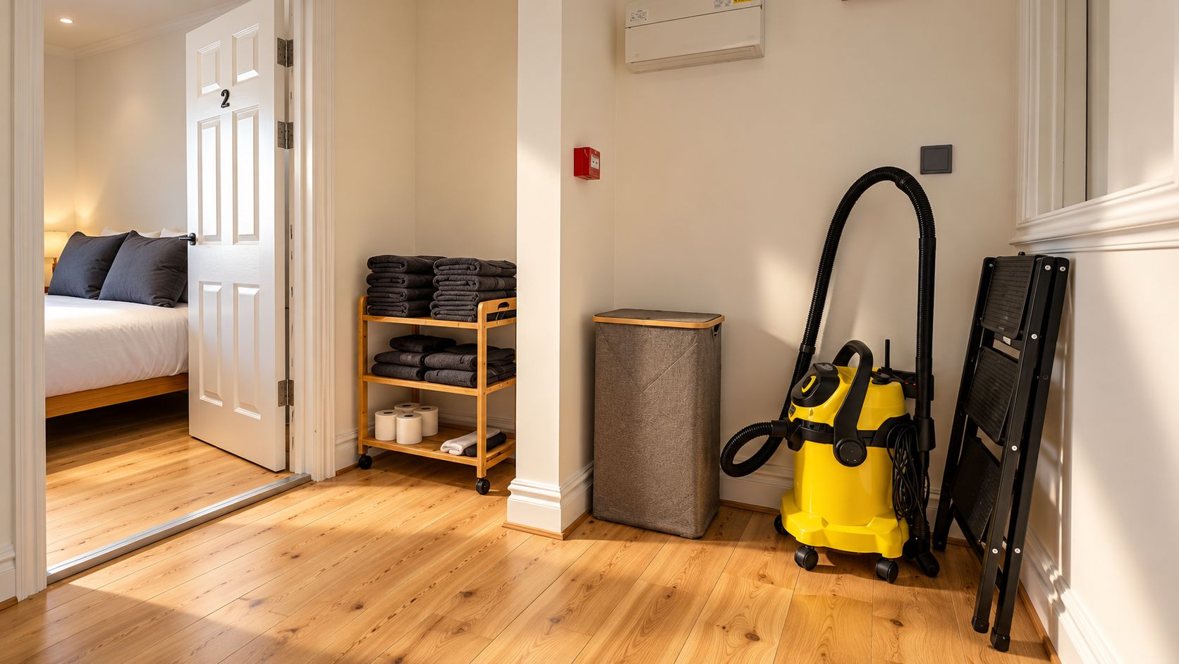A hotel room with a bed, a storage cart with towels, a vacuum cleaner, and a trash bin.