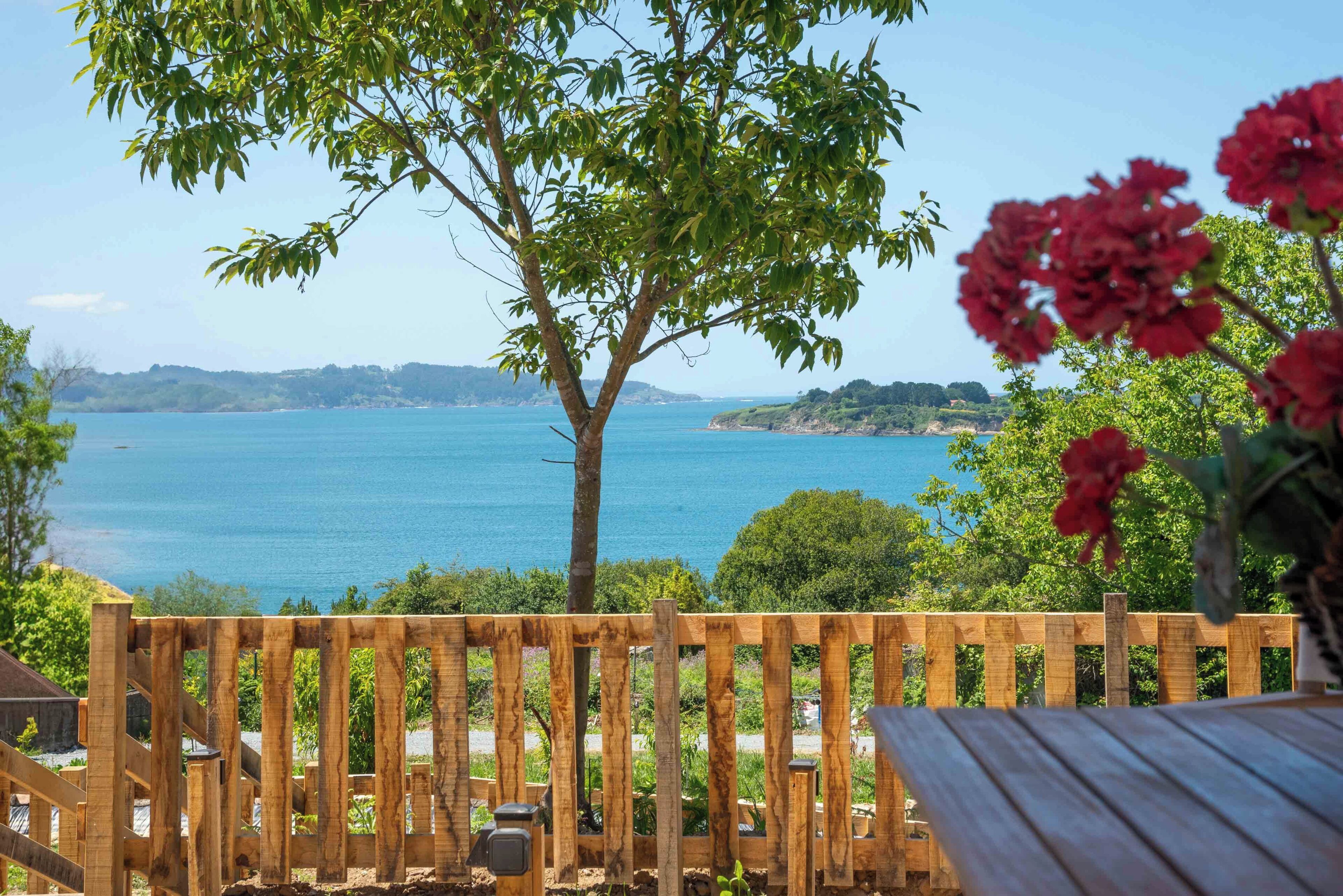 A wooden deck overlooking a body of water with a tree and red flowers in the foreground.
