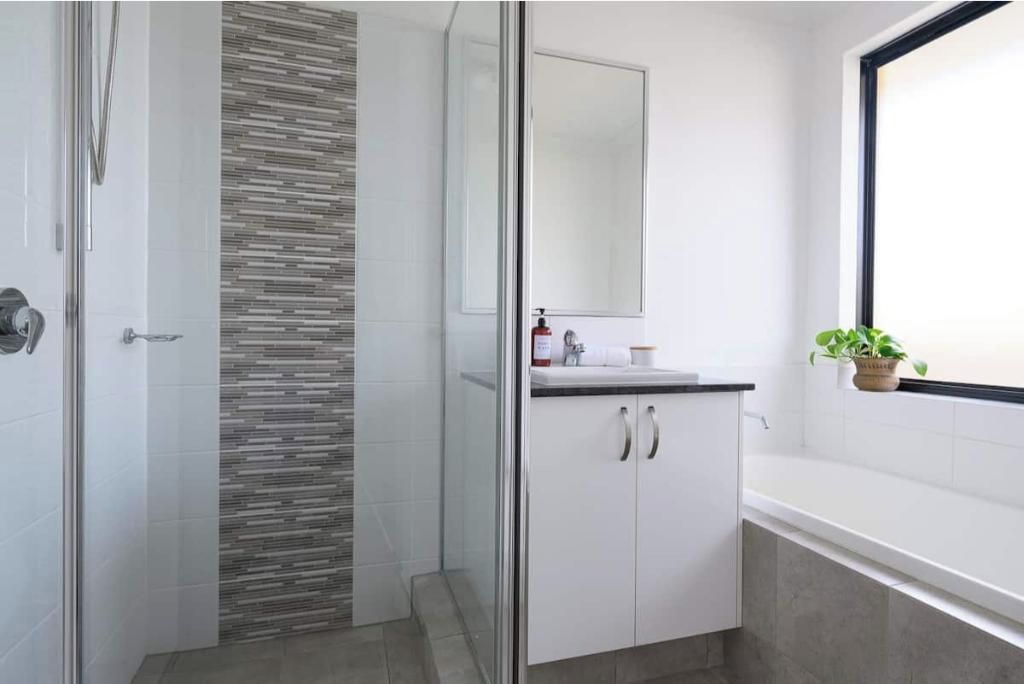 A bathroom with a shower, a sink with a mirror, and a window with a plant.