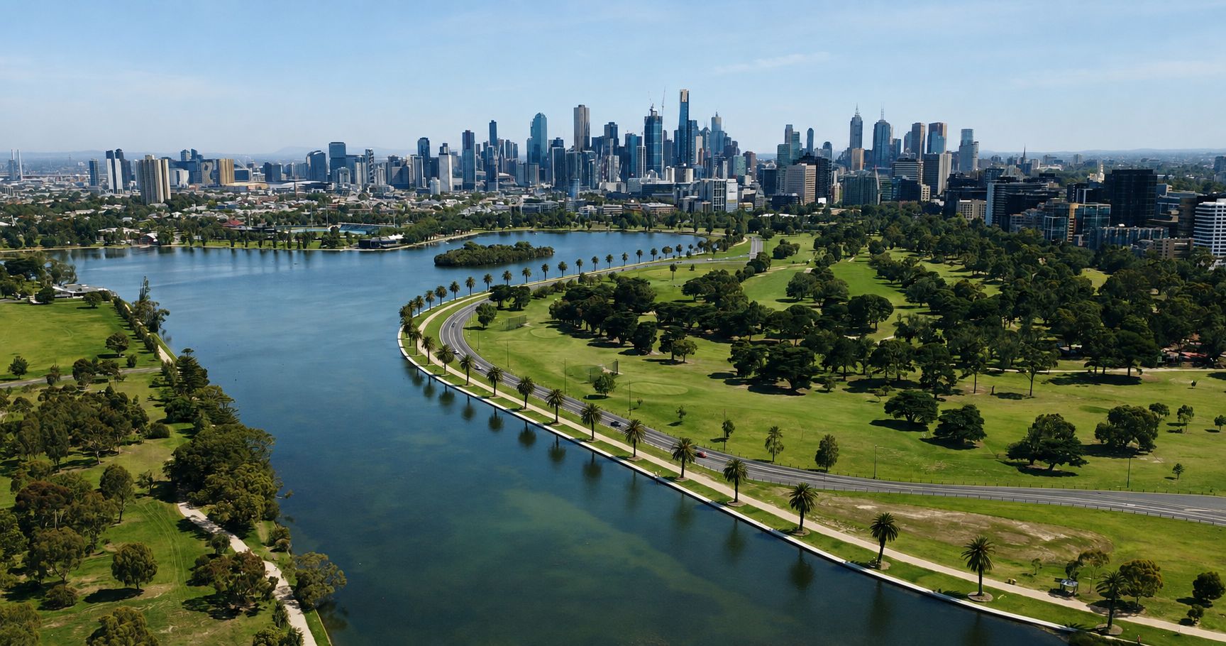 Un río serpentea por un parque con el horizonte de una ciudad al fondo.