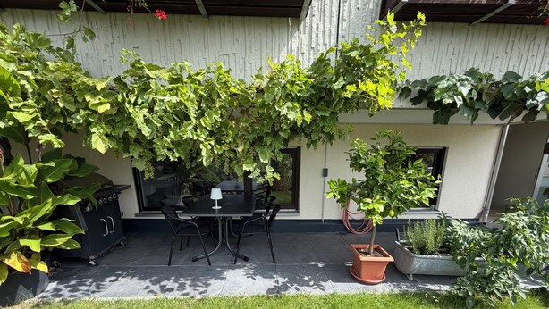Un patio al aire libre con una mesa y sillas, rodeado de follaje y una pared blanca.