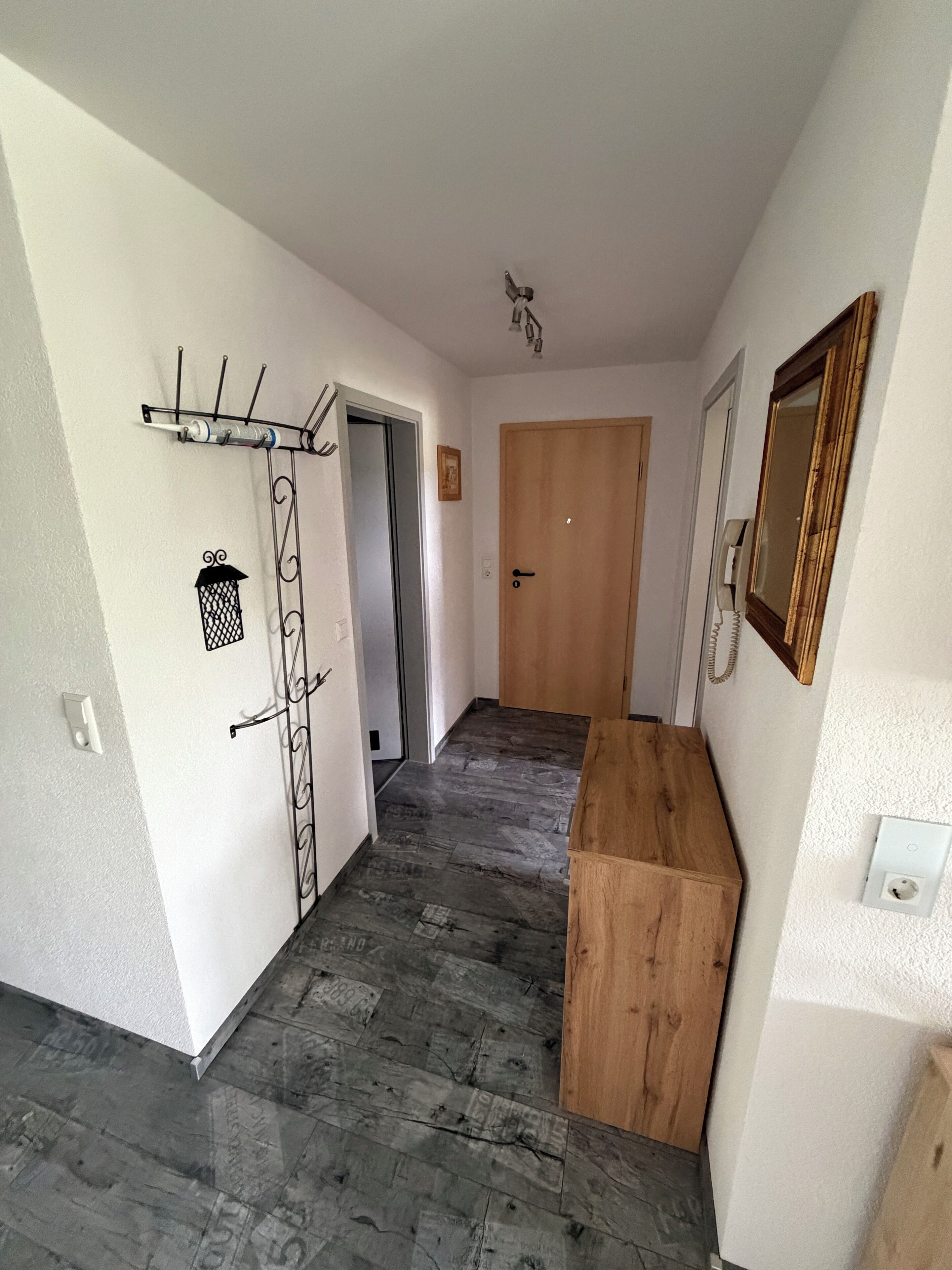 A hallway with a wooden door, a coat rack, and a mirror on the wall.