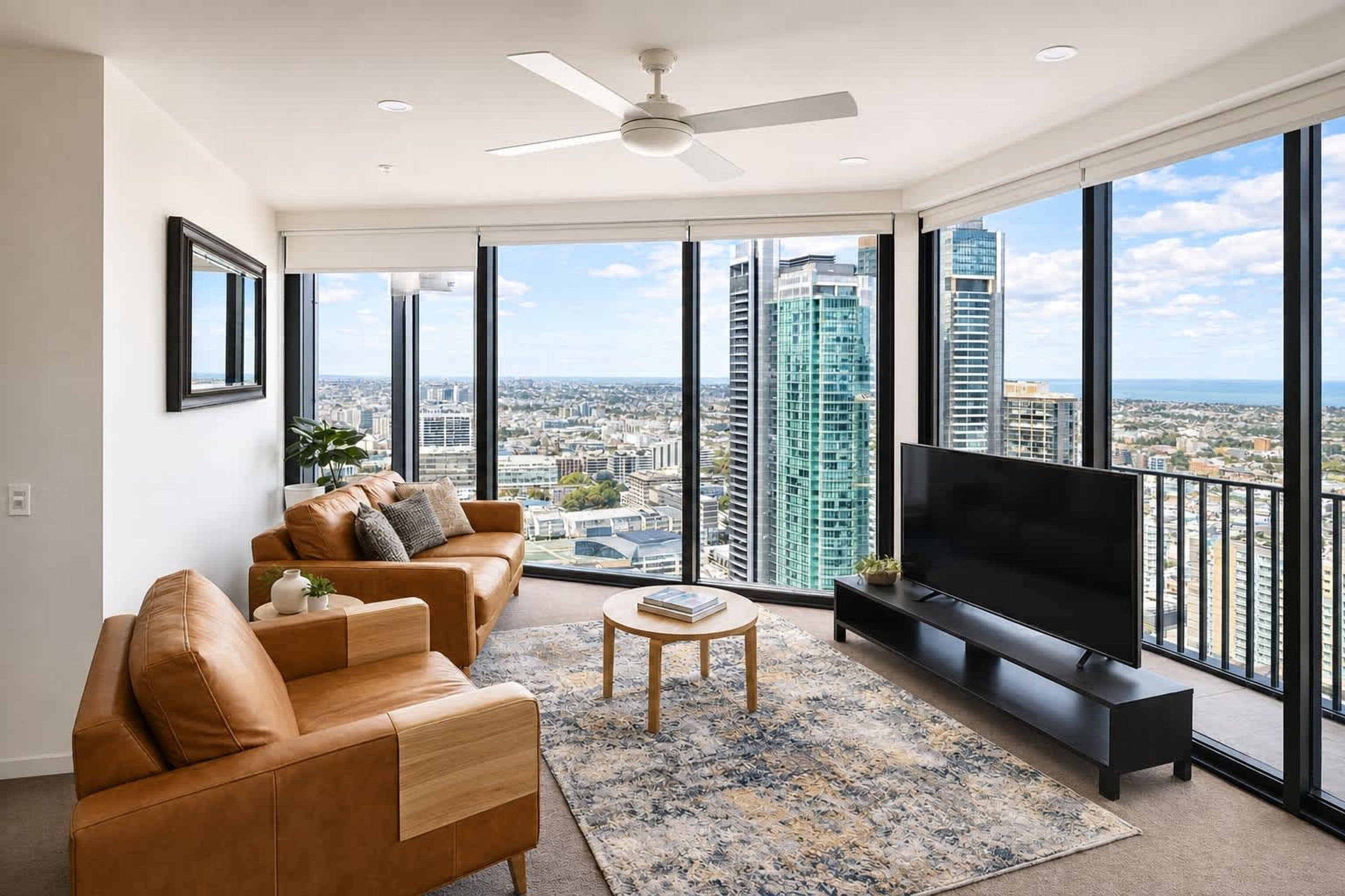 A modern living room with a large TV, leather sofas, a coffee table, and a city view through floor-to-ceiling windows.