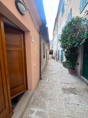 A narrow stone-paved alleyway between buildings with wooden doors and shutters. - Il Nido di Marciana (Marciana)