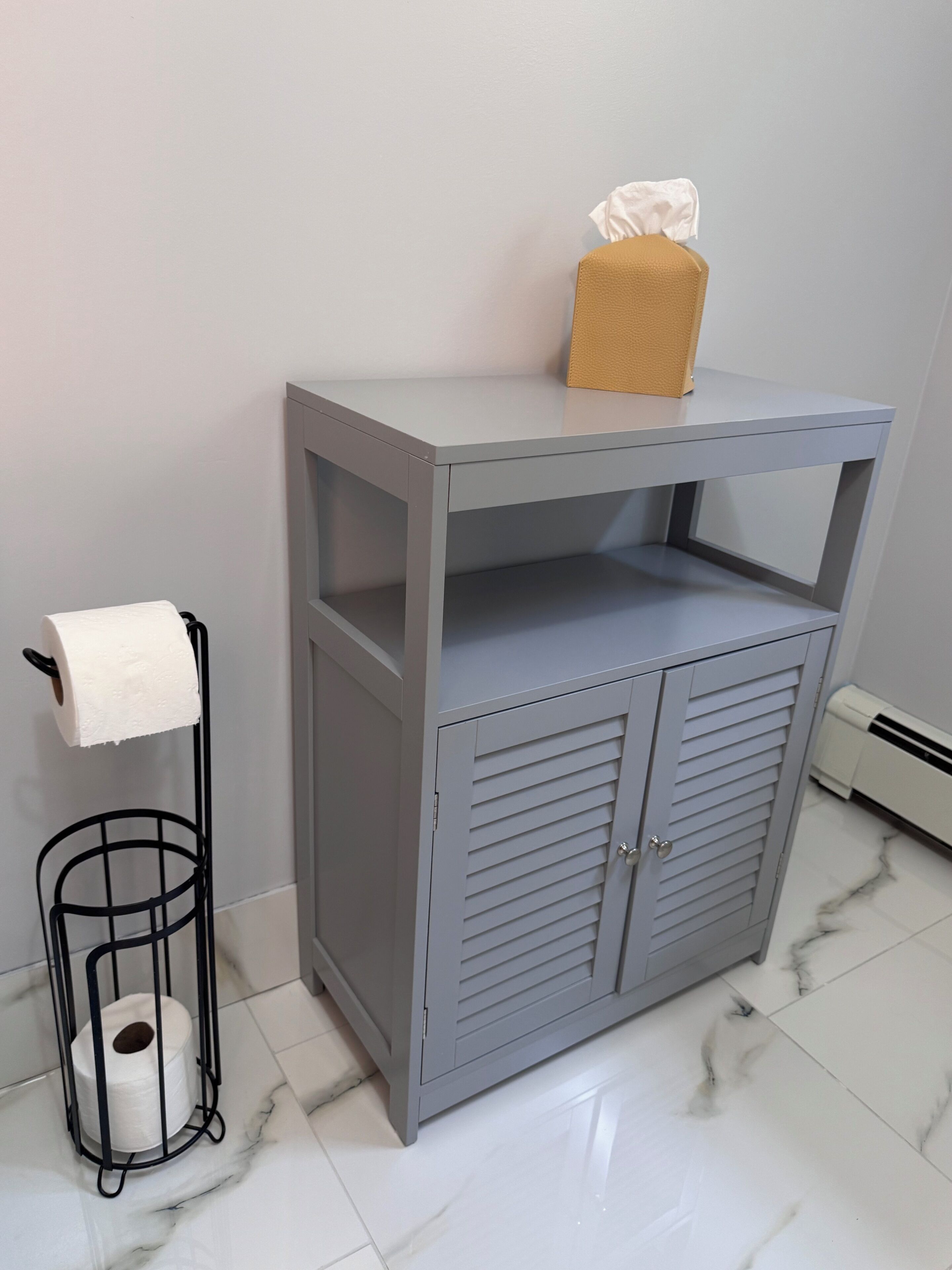 A bathroom with a grey vanity, a toilet paper holder, and a tissue box.