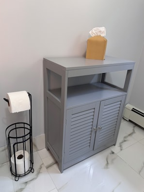 A bathroom with a grey vanity, a toilet paper holder, and a tissue box.