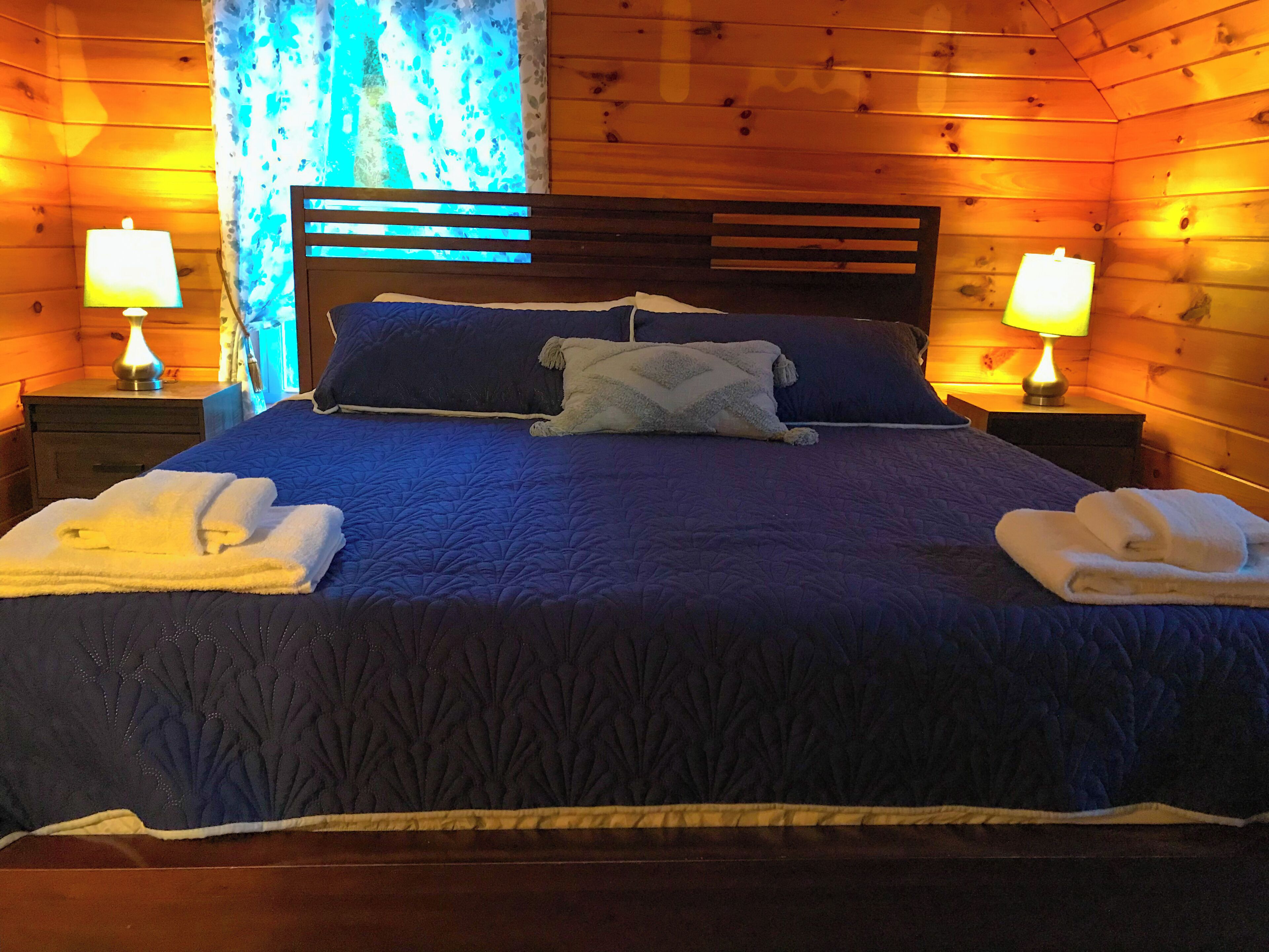 A wooden room with a bed, two bedside lamps, and a window with a blue tint.