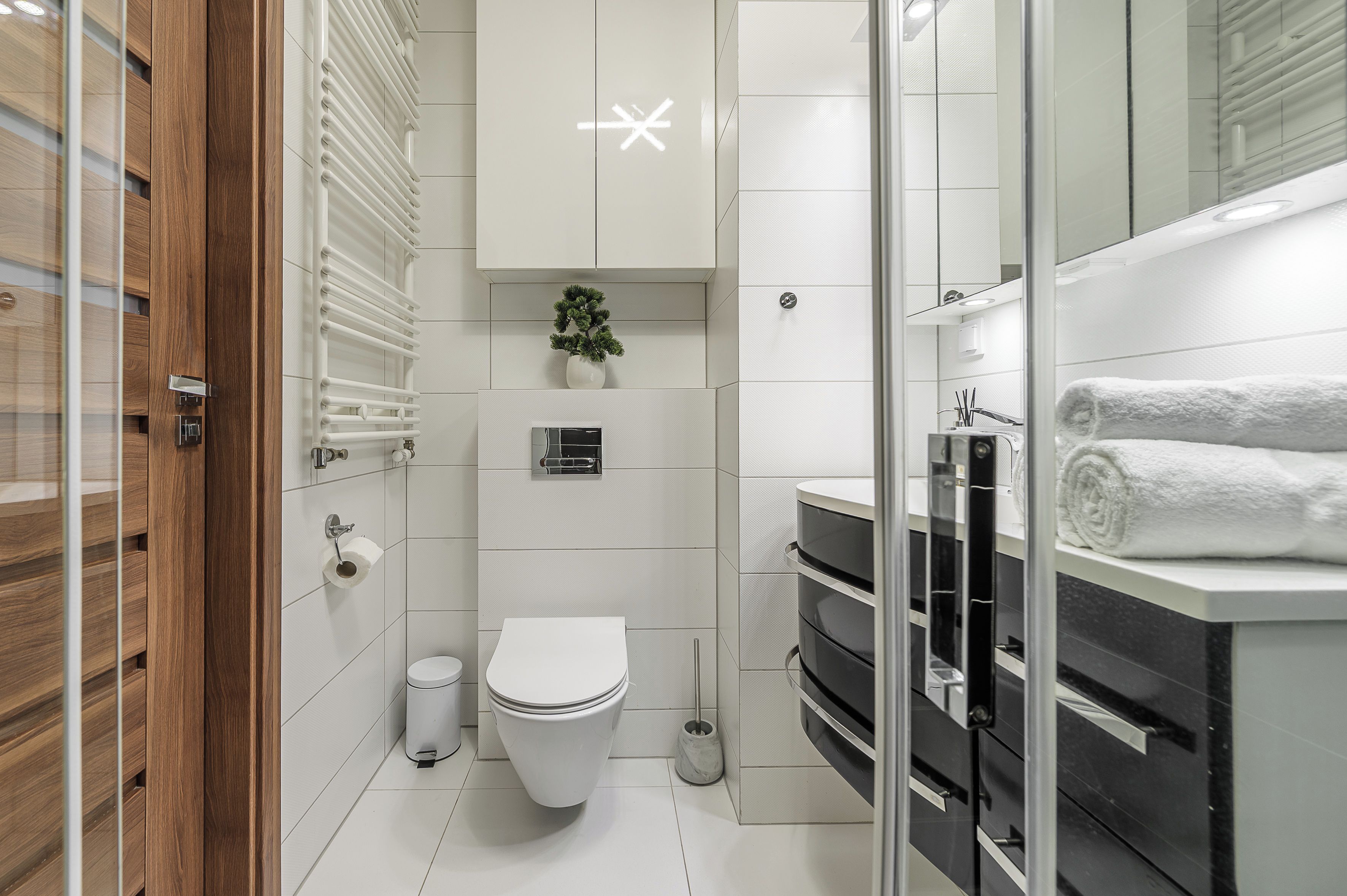 A modern bathroom with a toilet, bidet, and a glass shower enclosure.