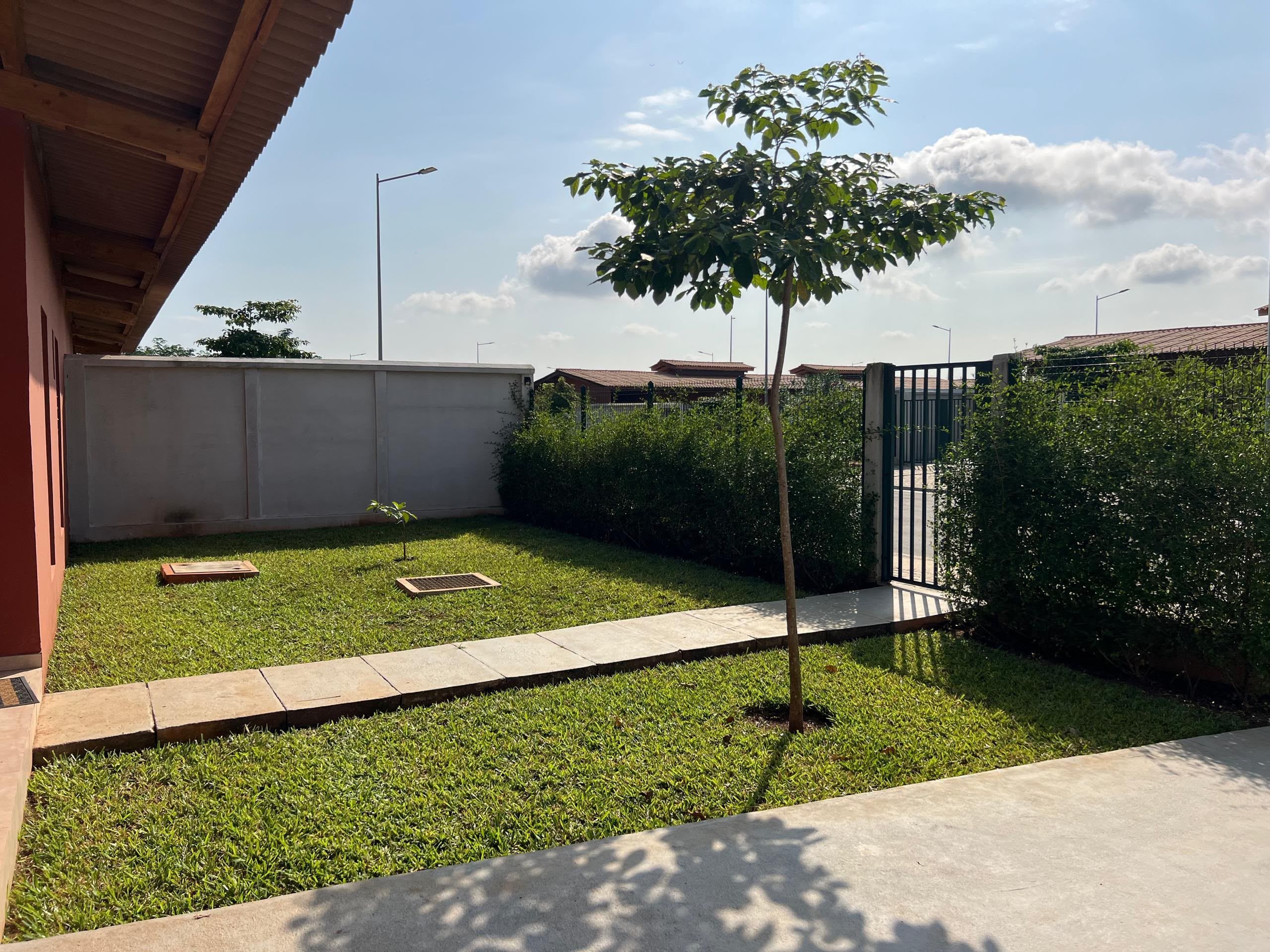A residential backyard with a small tree, a grassy lawn, a concrete pathway, and a metal gate.