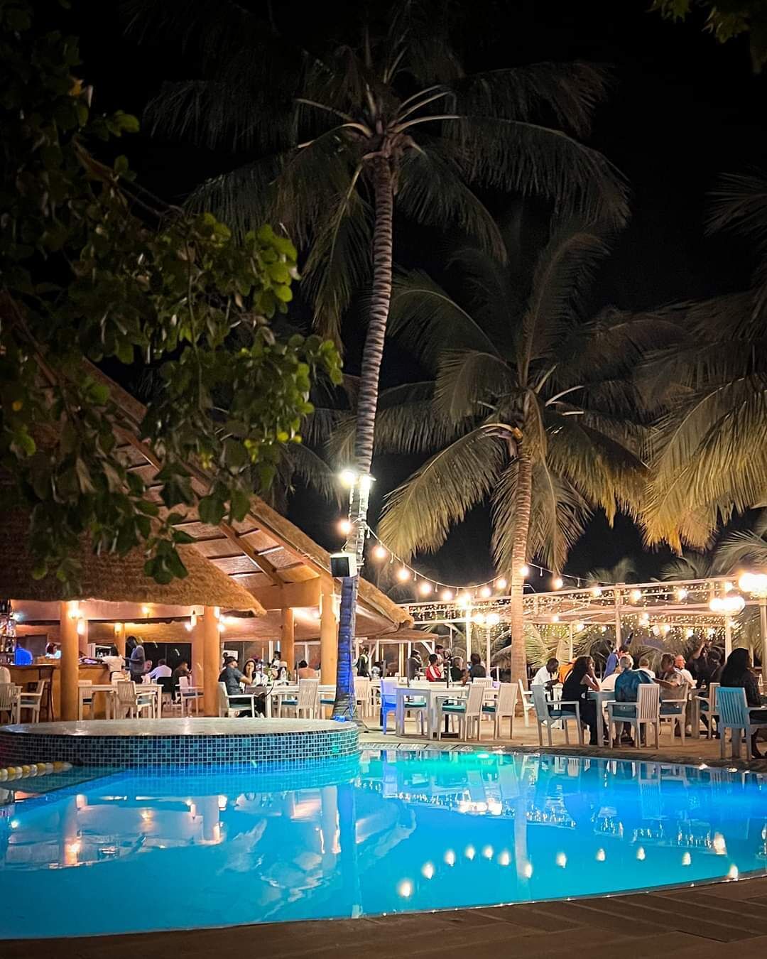 An outdoor pool area with palm trees, a covered seating area, and a bar.