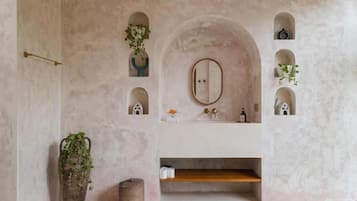 A bathroom with a large mirror, shelves, and potted plants.