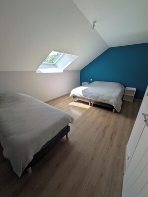 Un dormitorio con tragaluz, dos camas, suelo de madera y una pared azul decorativa.