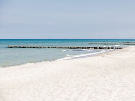 Una playa con un muelle de madera que se adentra en el agua.