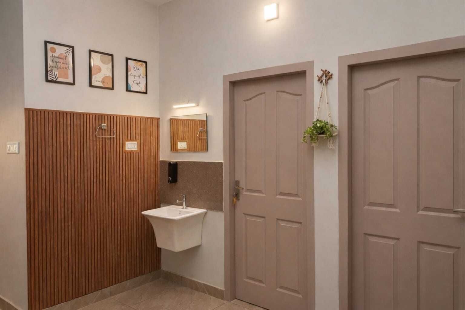 A bathroom with a wooden panel wall, a sink, and three framed pictures on the wall.