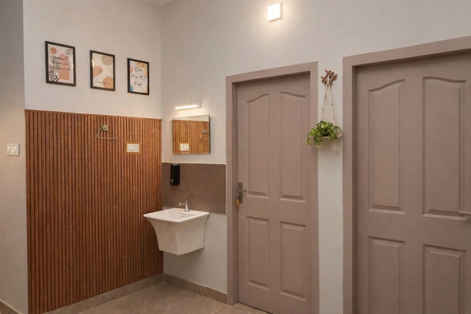 A bathroom with a wooden panel wall, a sink, and two doors.