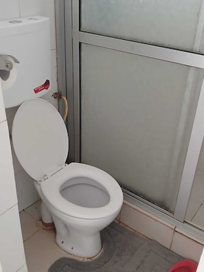 A small, compact bathroom with a white toilet, a visible toilet paper holder, and a glass partition. - Executive Studio in Kisumu. Complimentary wifi, secure parking & quiet stay (Kisumu)