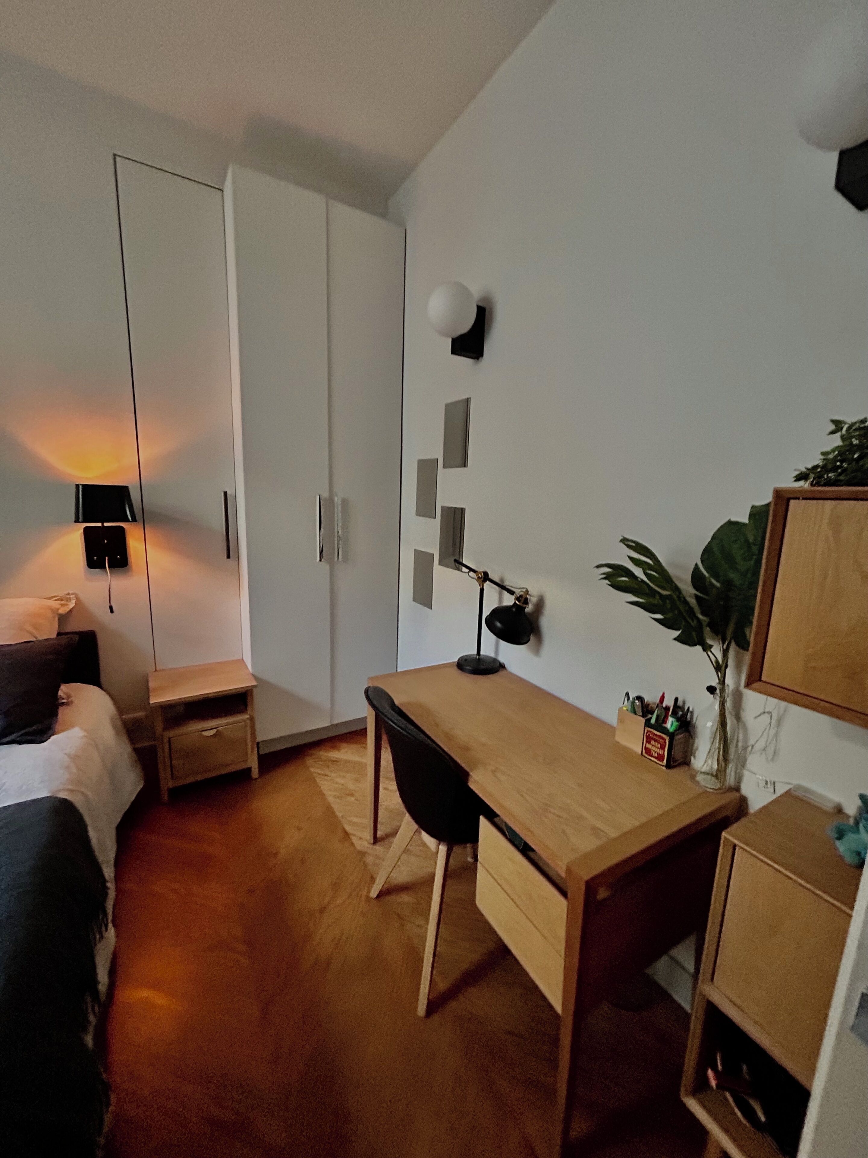 Une chambre avec un lit, un bureau, une armoire, une lampe et une plante.
