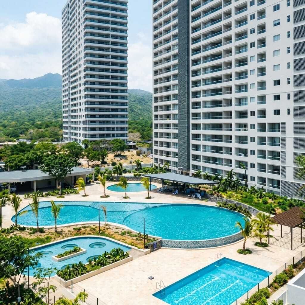 Un hôtel composé de plusieurs immeubles de grande hauteur, doté d’un espace central avec plusieurs piscines et d’un jardin aménagé.