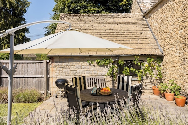 Une terrasse avec une table et des chaises, un barbecue et des plantes en pot.