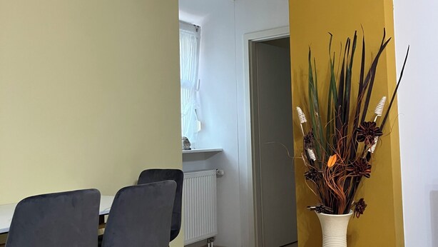 A dining area with a table and chairs, a vase with plants, and a door leading to another room.