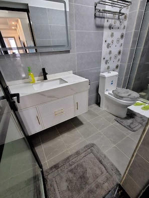 A bathroom with a white sink, a toilet, and a shower area. - Beautiful 1-bedroom bed & breakfast in terrific Nairobi location (Nairobi)