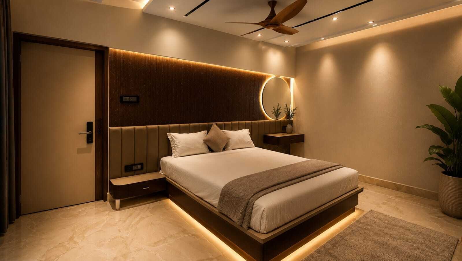 Un dormitorio moderno con una cama, mesitas de noche, un ventilador de techo y una planta grande en maceta.