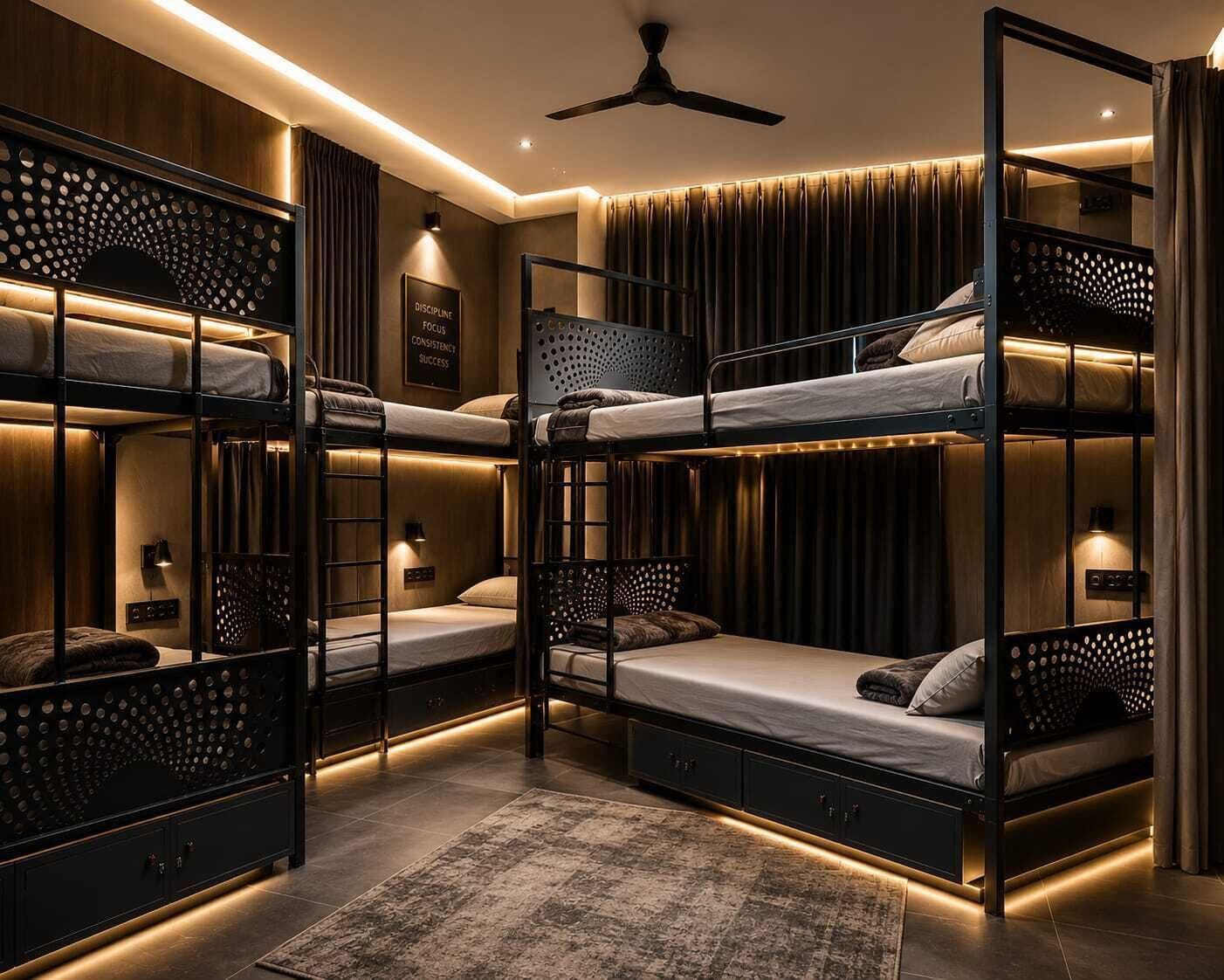 Habitación con literas, ventilador de techo, una cita motivacional enmarcada y alfombra estampada.