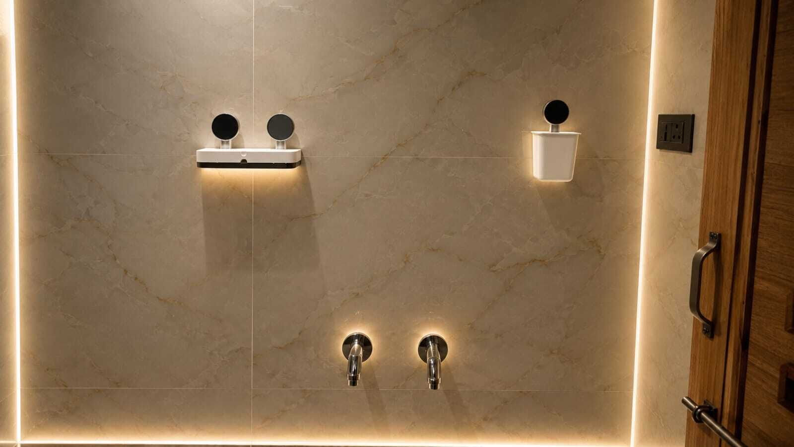 Un baño con pared de mármol, dos espejos redondos, un pequeño estante y dos luces.