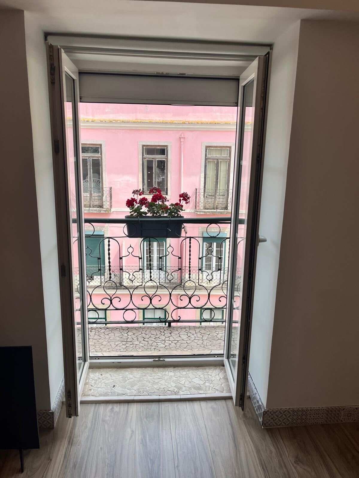 An open door leading to a balcony with a metal railing and a potted plant with red flowers.