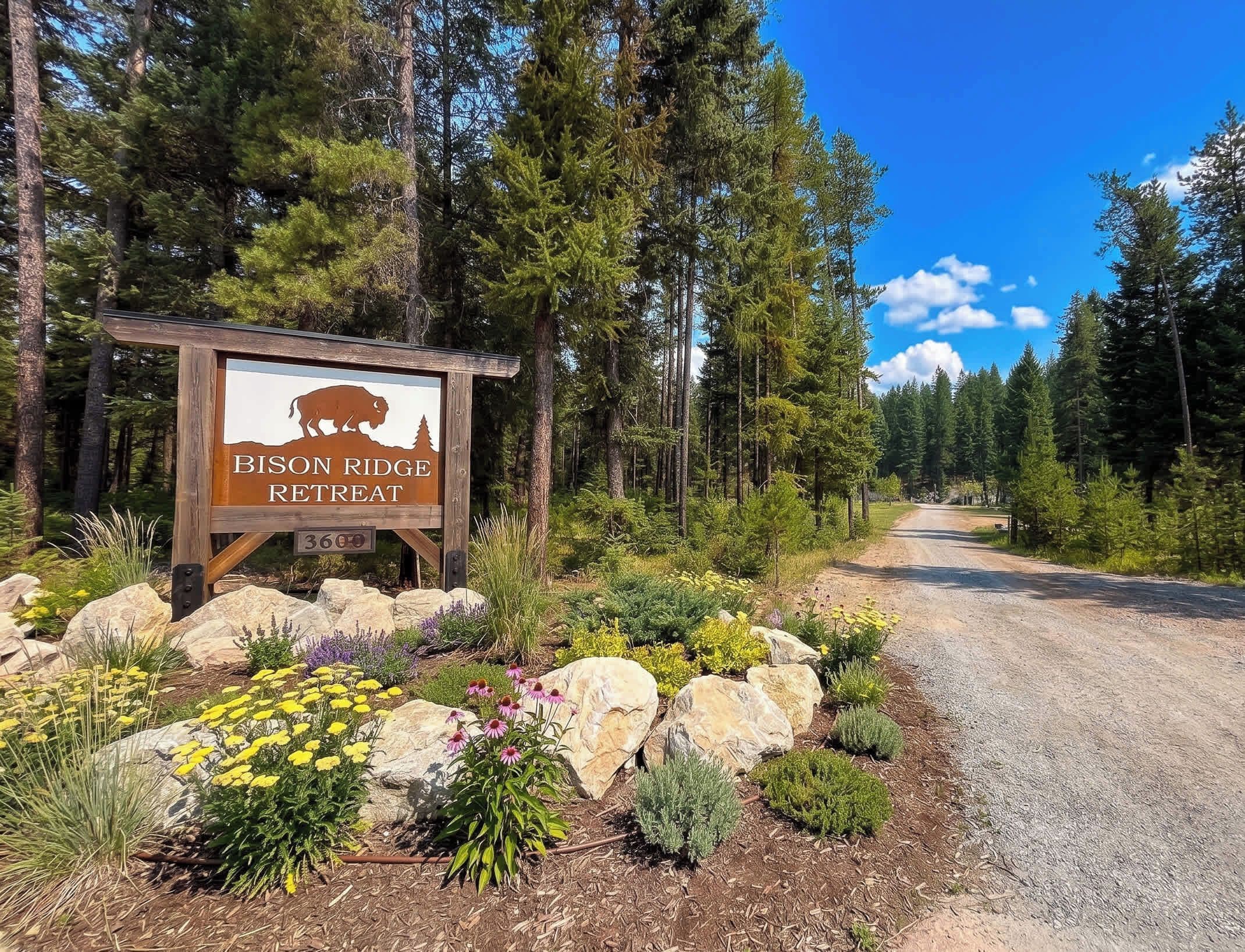A sign for Bison Ridge Retreat with a bison silhouette, surrounded by a gravel path and a forest.