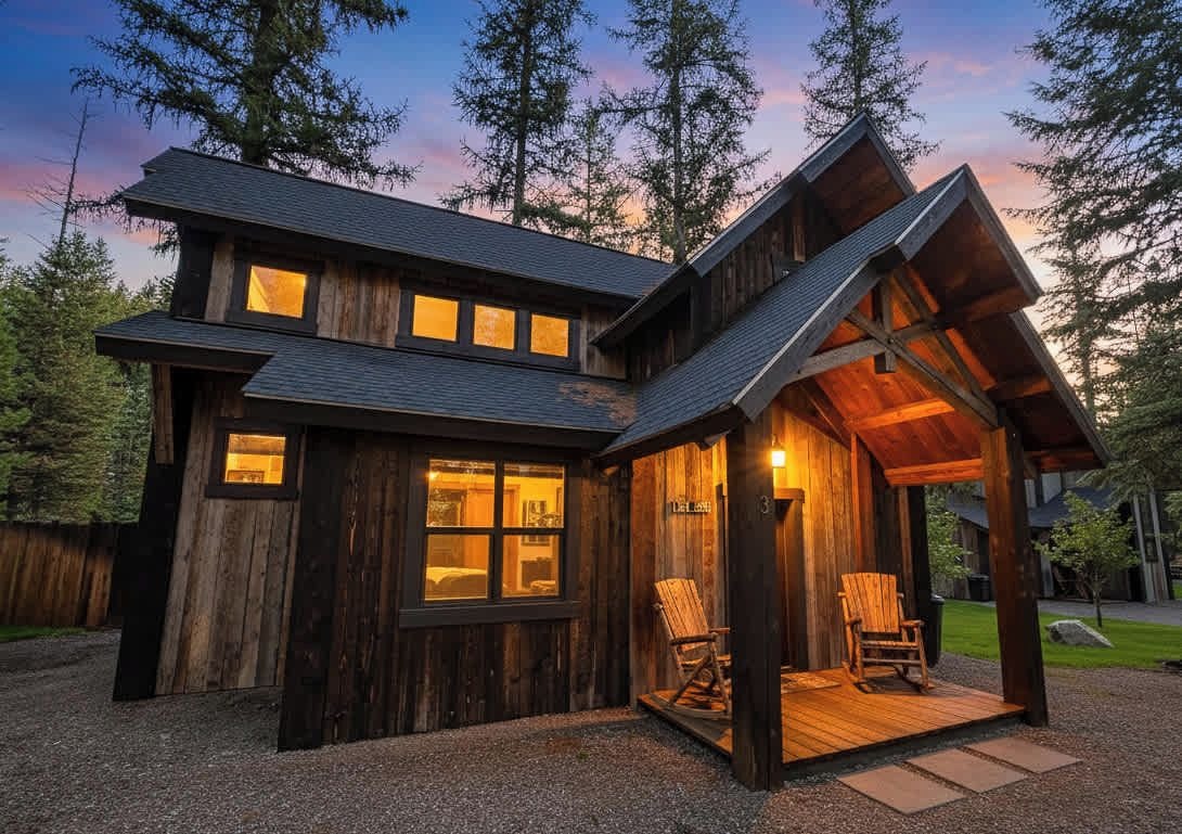 A rustic cabin with a prominent front porch, large windows, and a wooden exterior.