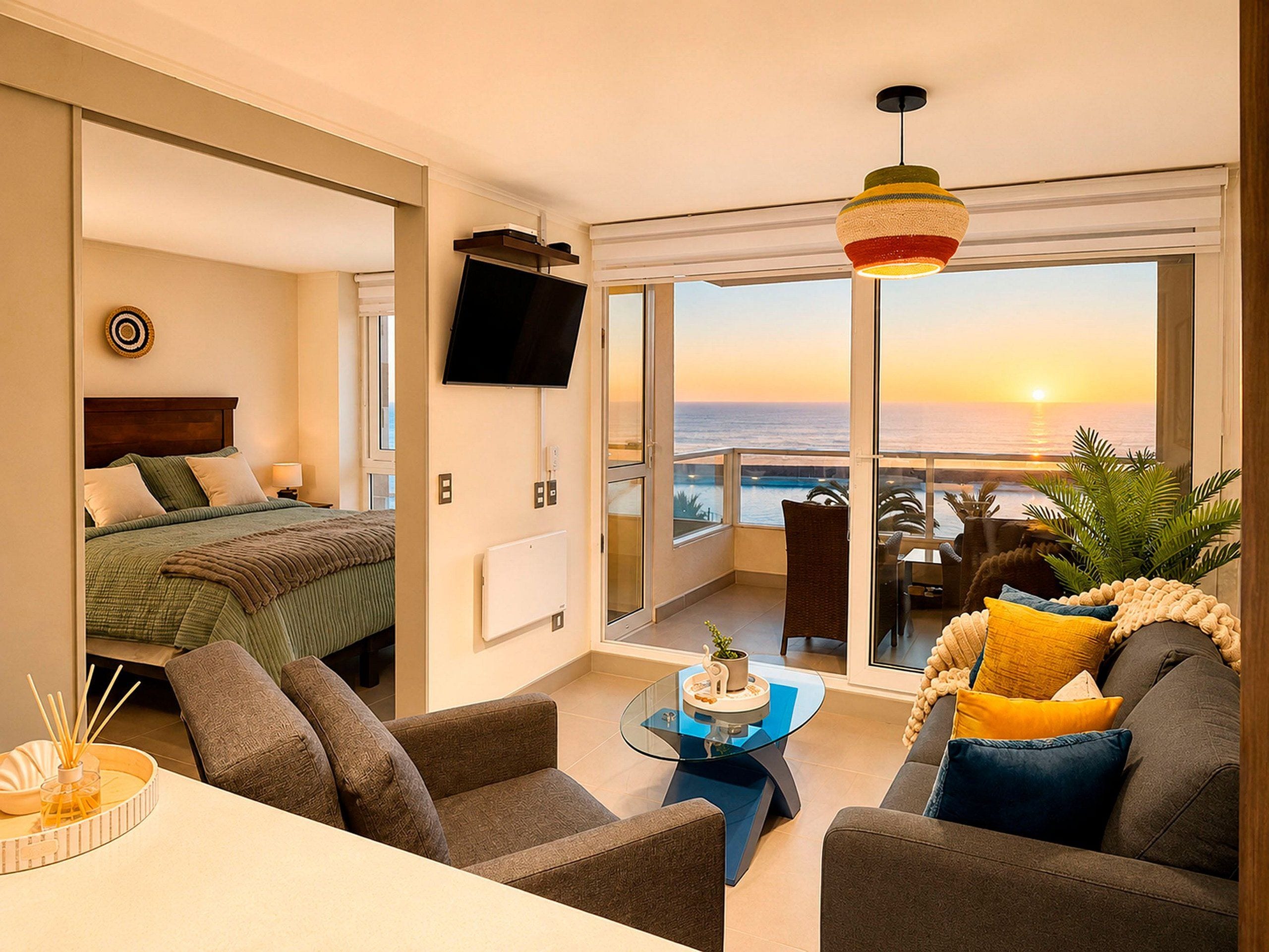 A hotel room with a balcony, a bed, a sofa, a TV, and a dining area with a table and chairs.