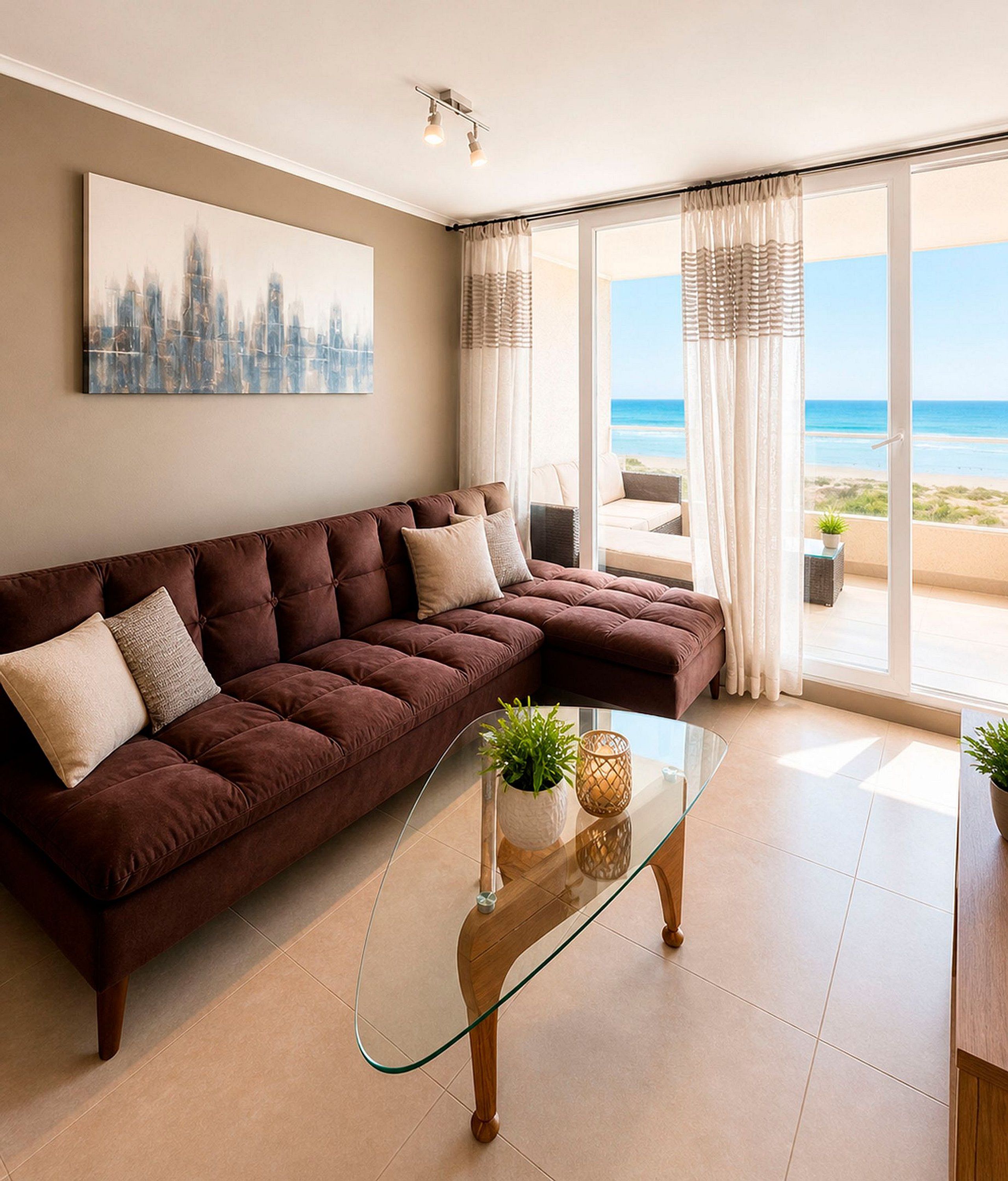 A modern living room with a sectional sofa, a glass coffee table, and a cityscape painting.