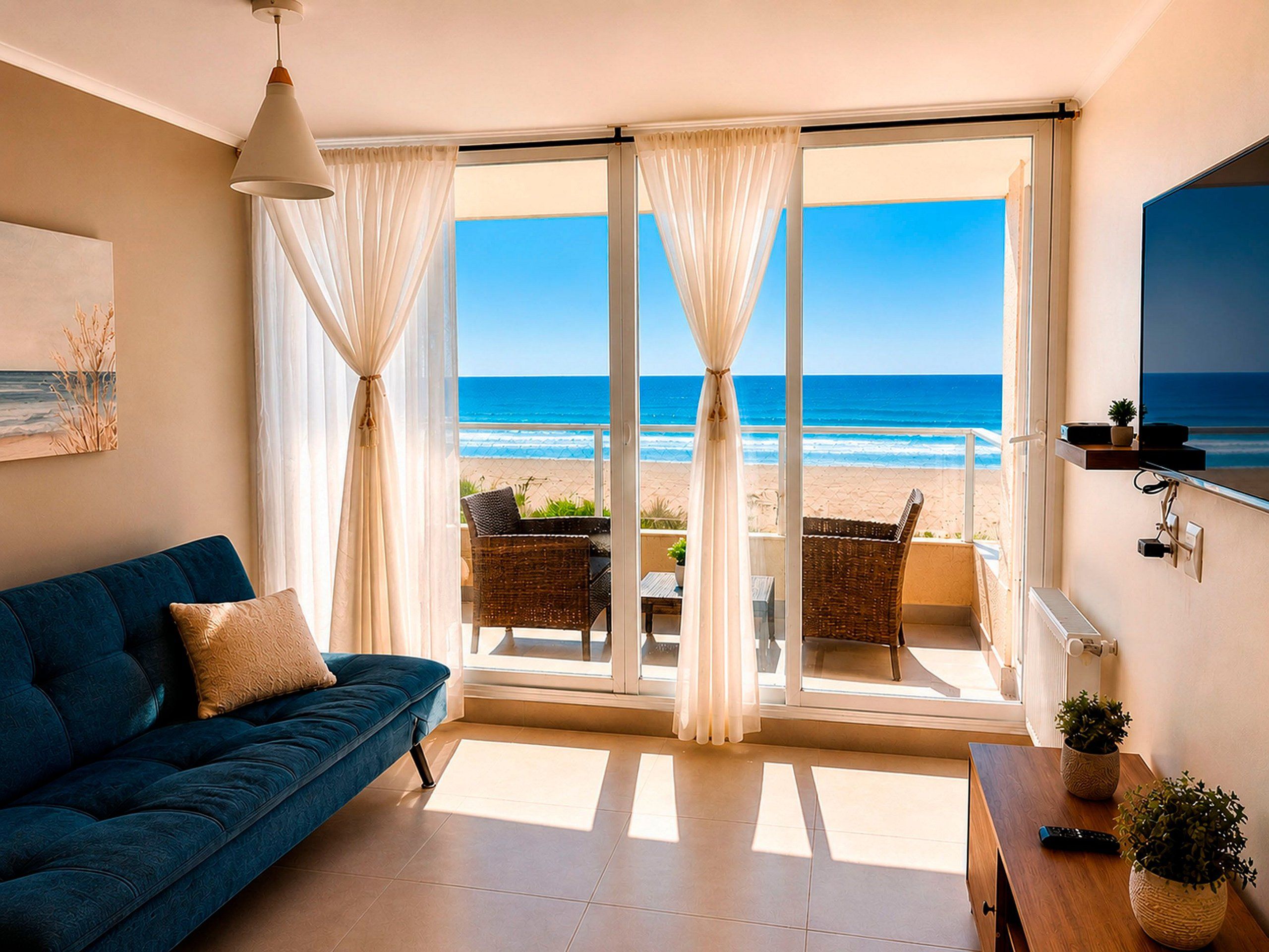 A room with a blue sofa, a dining table, and a view of the beach through large glass doors.