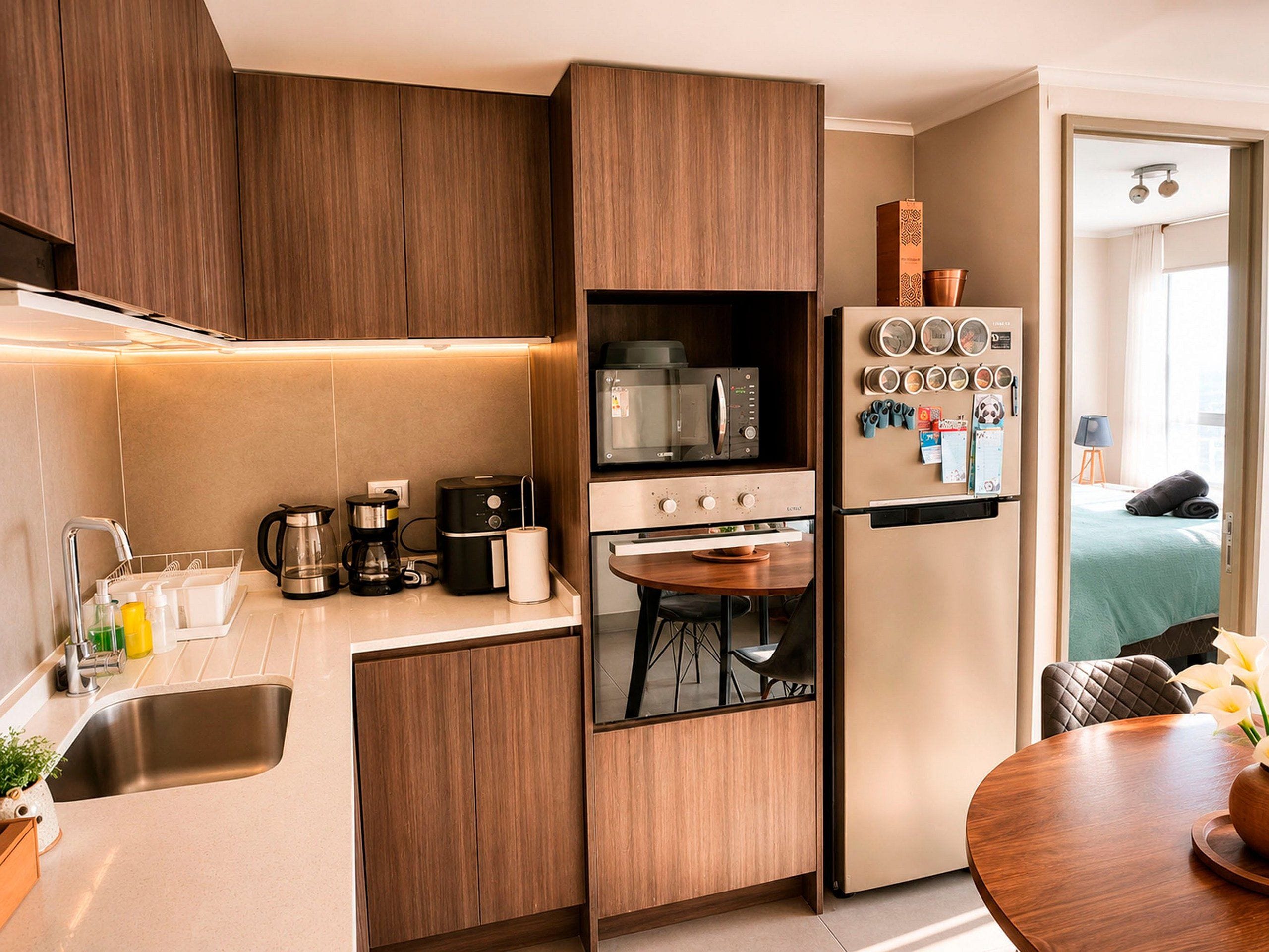 Una cocina moderna con microondas integrado, cafetera y un pequeño comedor con mesa y sillas.