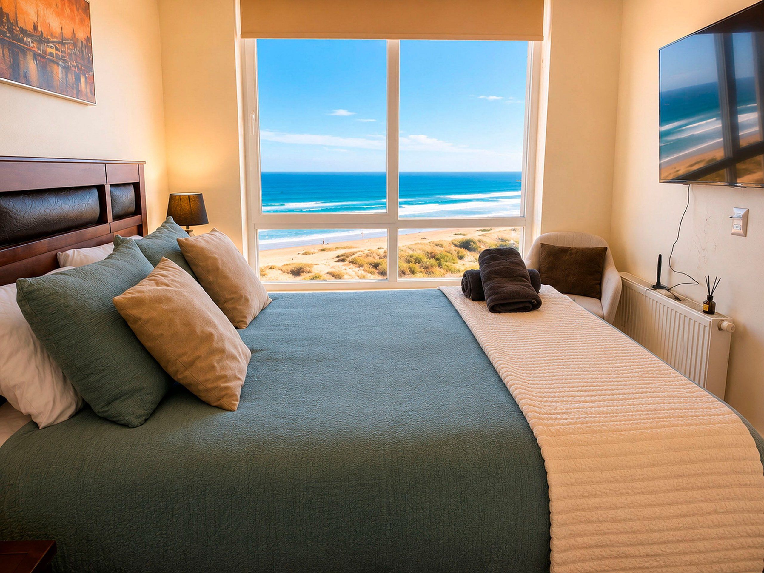 Ein Schlafzimmer mit einem großen Fenster und Blick auf den Strand und den Ozean.