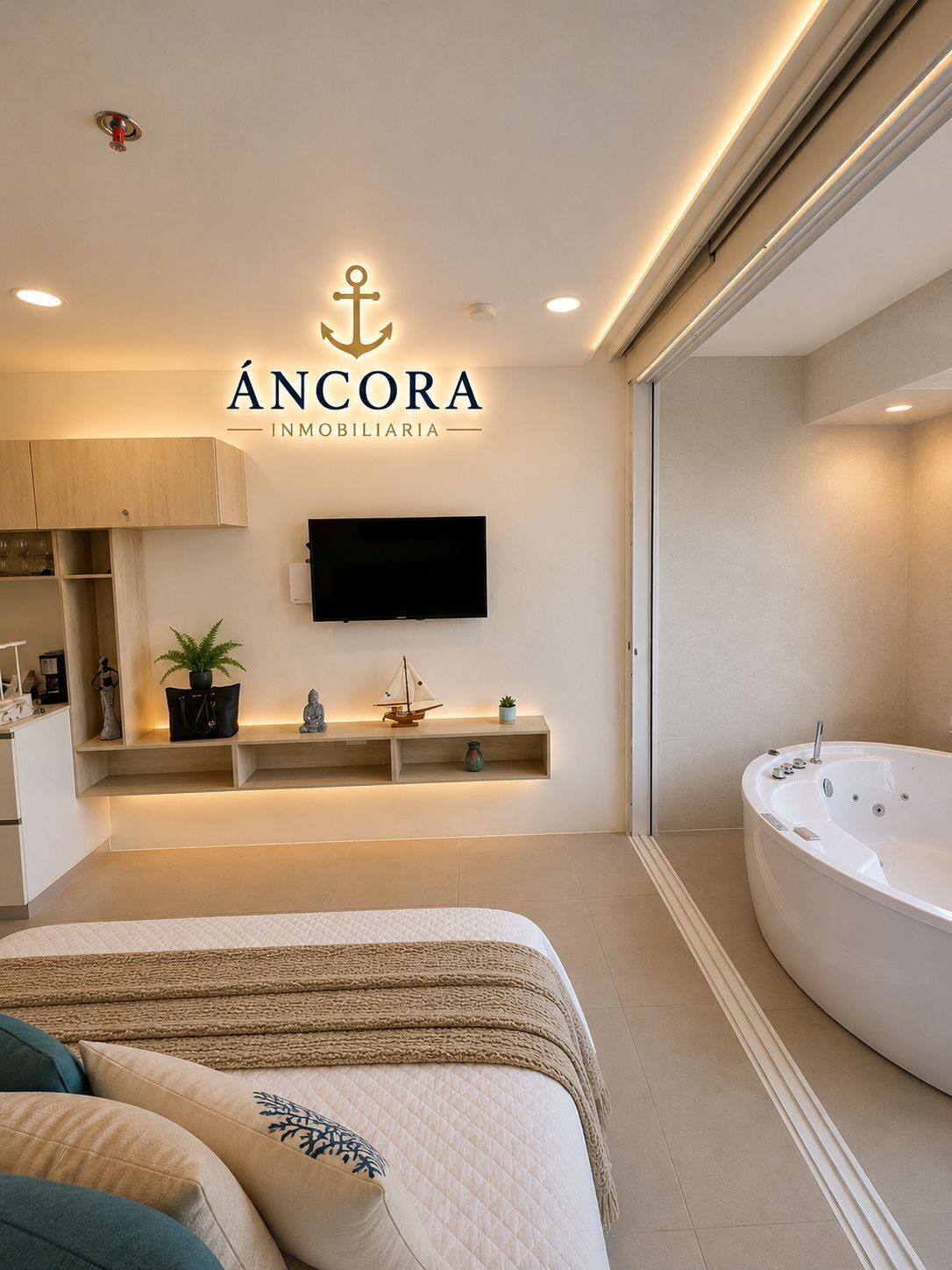 A modern bedroom with a large bed, a TV mounted on the wall, and a bathroom with a bathtub.