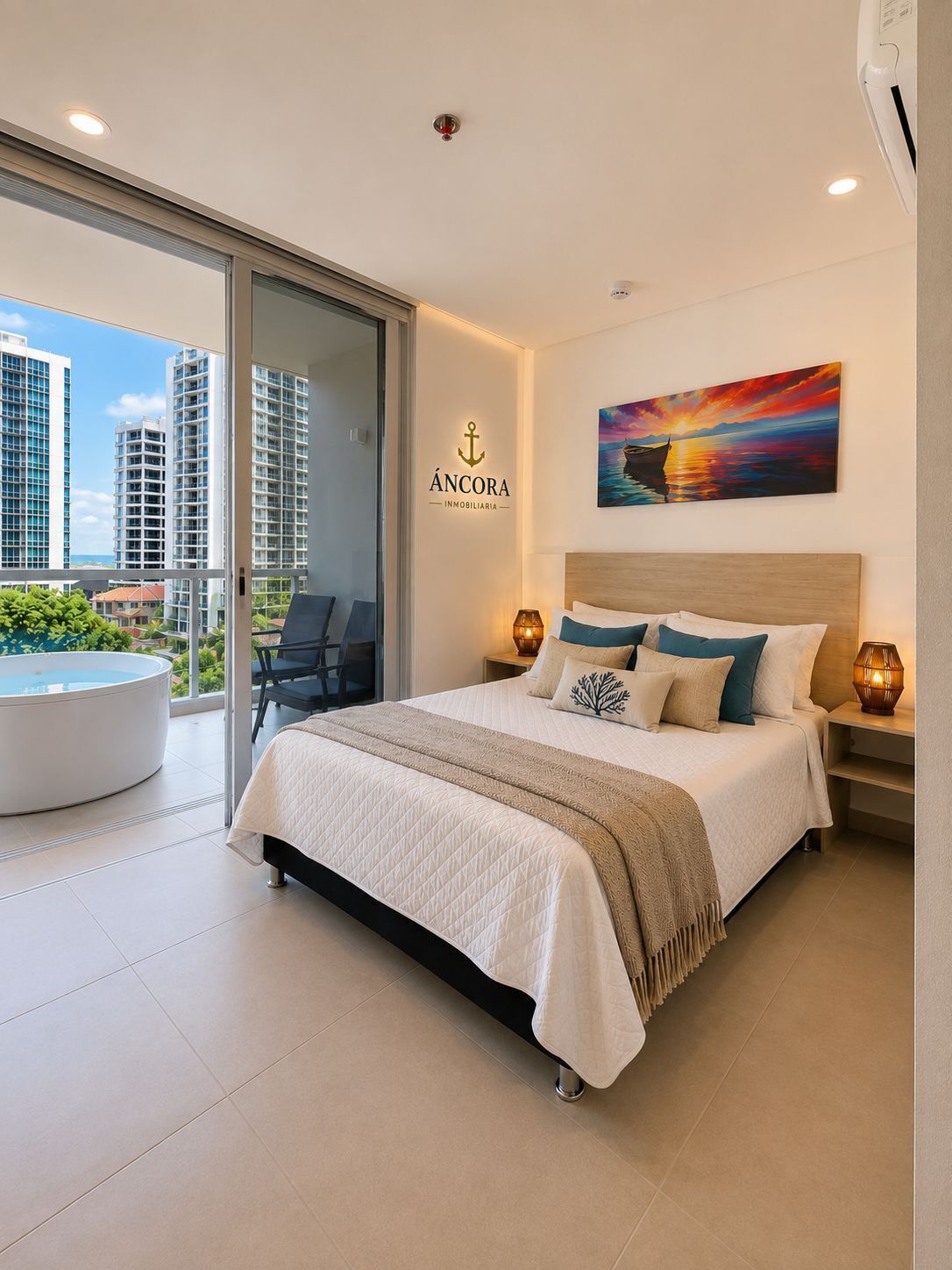 A modern bedroom with a large bed, a view of the city, a painting, and a logo on the wall.