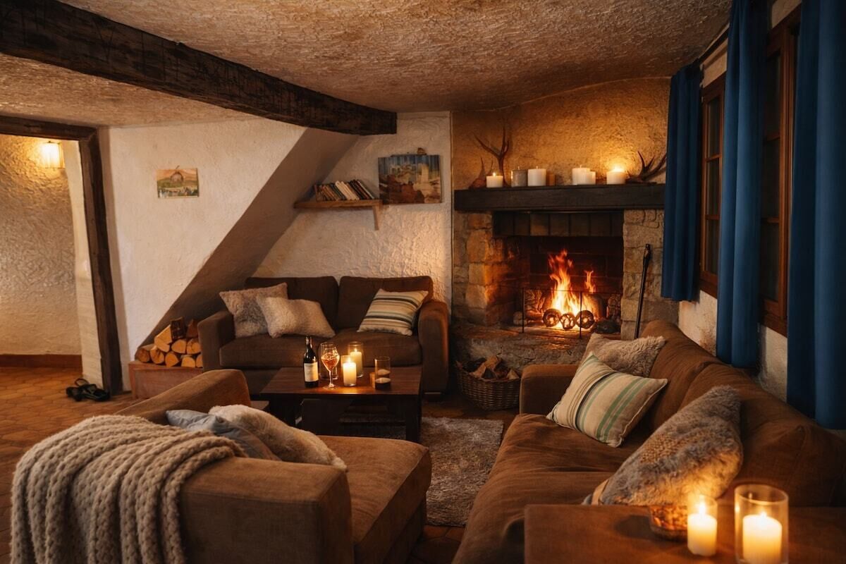 Una sala de estar acogedora con chimenea, sofás y una mesita de centro.
