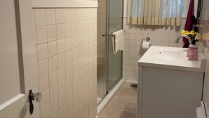 Une salle de bain avec douche, toilettes et lavabo.
