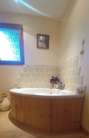 Une salle de bain avec une baignoire sur pieds, une douche et une fenêtre avec vue.