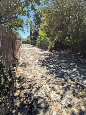 A paved pathway flanked by a chain-link fence and dense foliage, leading towards a building with a green roof. - Villa The Sylamston - The Waterfall Experience (Sillans-la-Cascade)