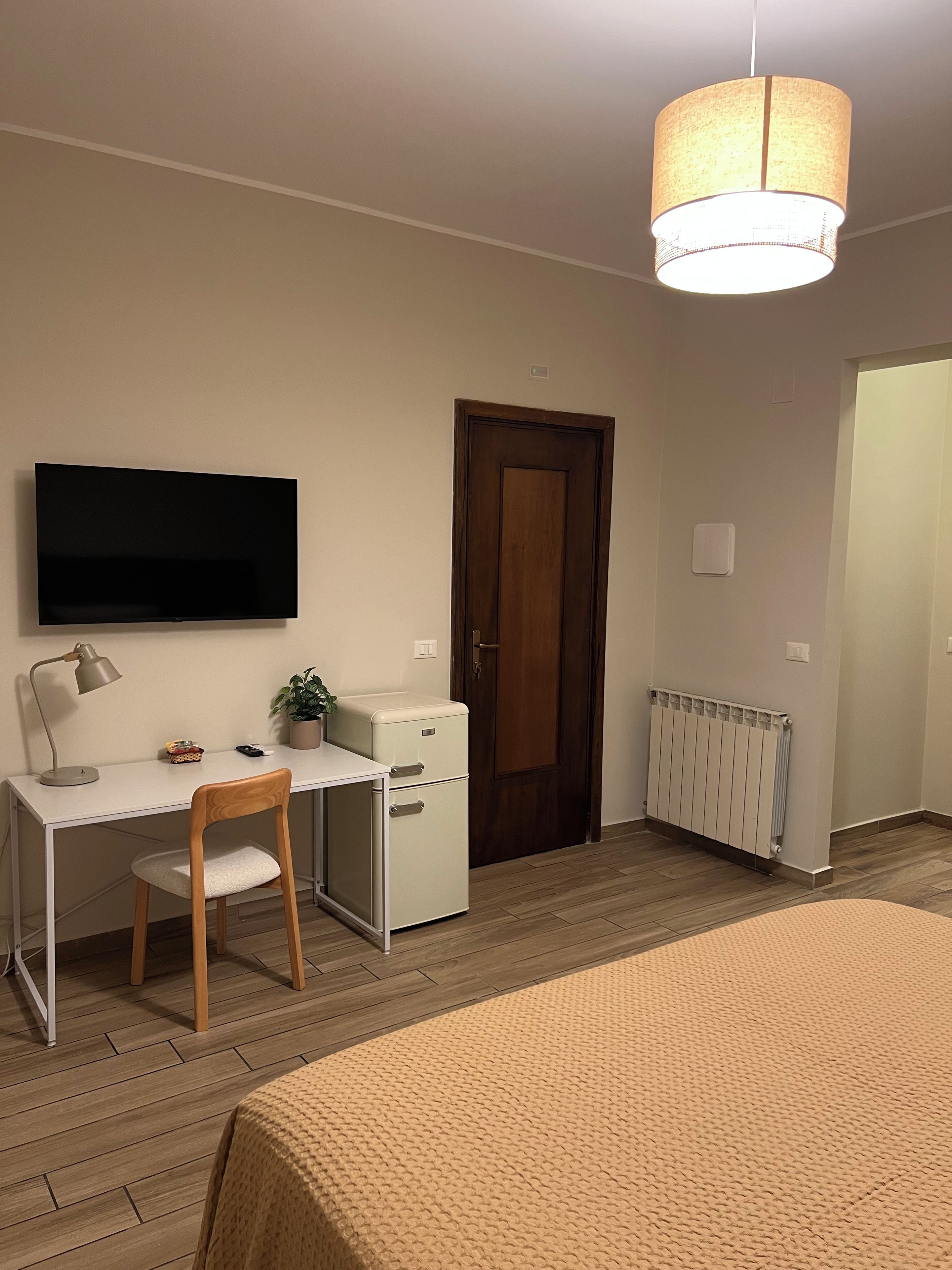 Un dormitorio con cama, escritorio con silla, televisor, radiador y puerta.