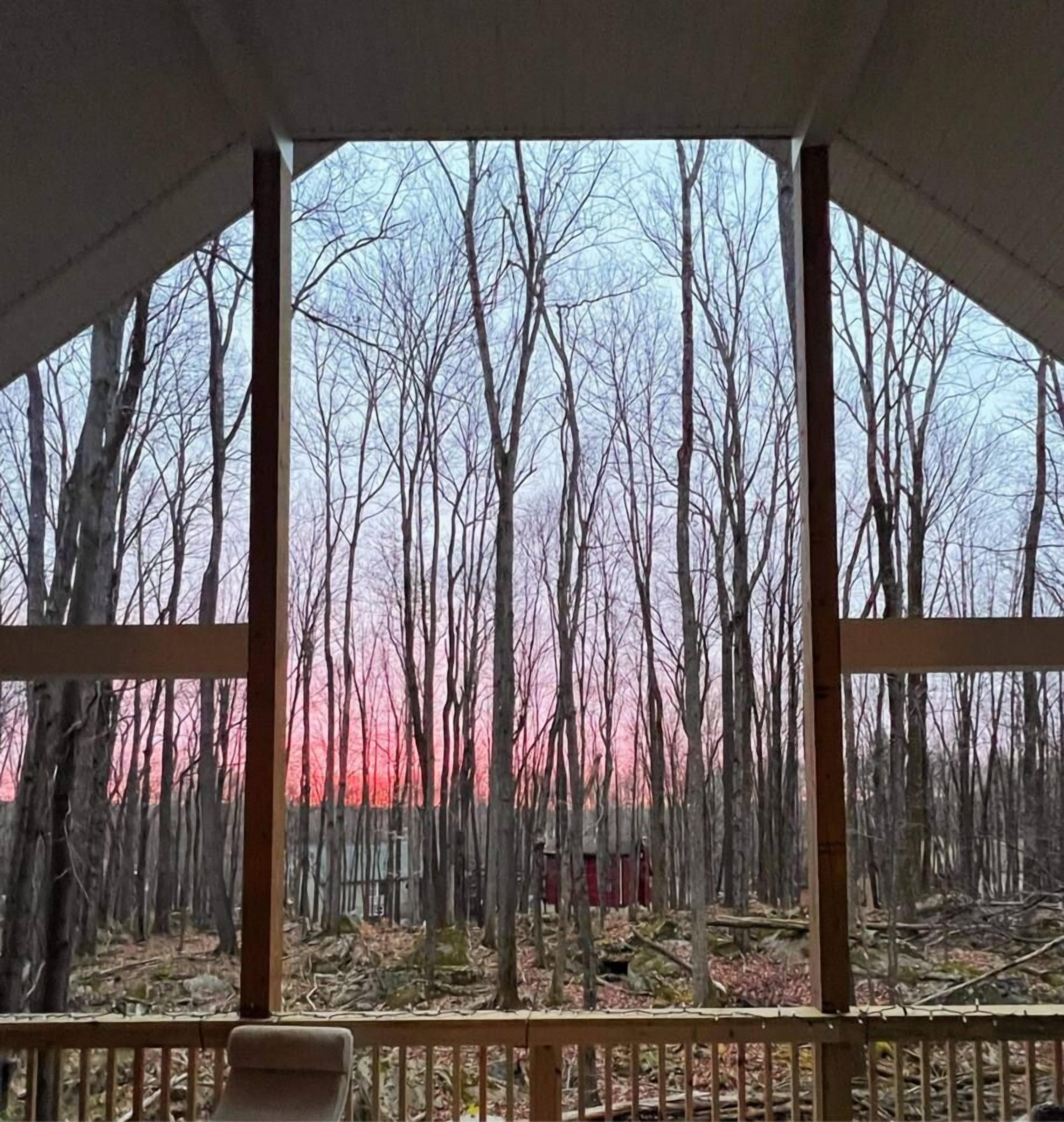 A covered outdoor area with a view of a forest and a sunset.